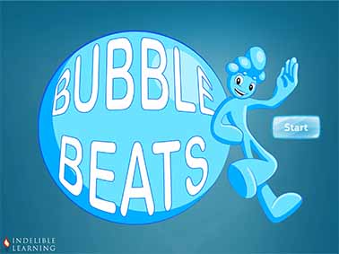 Screenshot of the title screen of Bubble Beats, the interactive hand hygiene trainer. The Bubble Beats mascot leans against a large bubble with the words, Bubble Beats, written across it.