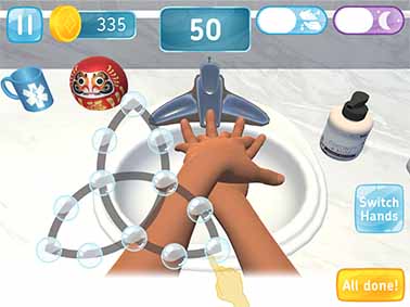 Screenshot of one of the scrub tracks in Bubble Beats. A scrub track is a series of bubbles laid out along a pattern that the player must trace in order to animate the hands in scrubbing action. In this way, players can control the 3D hands using a flat screen interface. The screenshot shows a pair of hands performing the World Health Organization scrub step to clean the back of the right hand.