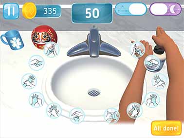 This screenshot of the Bubble Beats trainer shows the 12 World Health Organization scrub steps as symbols arrayed around the sink. Players may select a symbol to begin that scrub step.