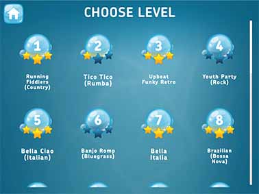 Players in Bubble Beats can choose which level to play. Each level has different a different song and unique scrub challenges.