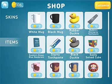 Screenshot of the Bubble Beats shop, where players can purchase virtual goods to place in the game. Players earn coins by completing levels in the game. In turn, these coins can be used to purchase custom skins for the hands portrayed in the game, or items that can be placed on the countertop.