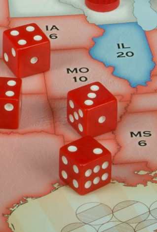 Dice rolls in Election Lab represent uncertainty in polling. Here the red player has rolled 4, 4, 3, and 2.