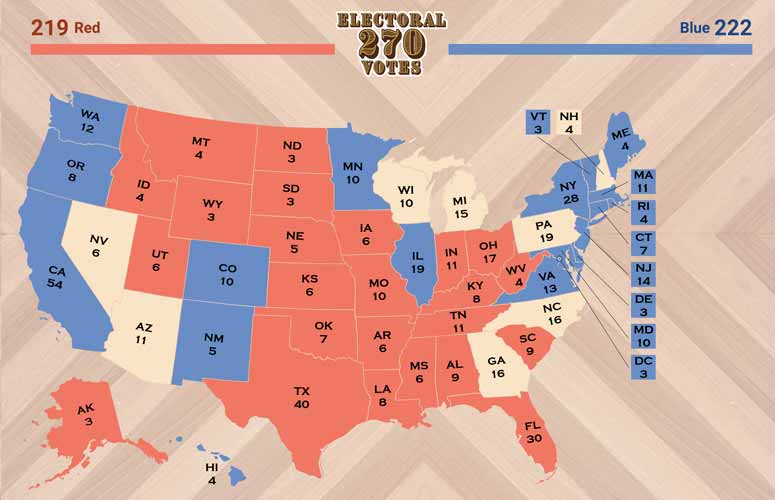 Electoral Map with 8 swing states. Based on polling in late August, 2024