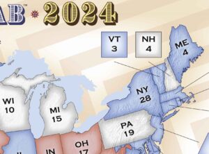 Close up of the 2024 electoral map for Election Lab online, showing the swing states Michigan, Pennsylvania, and New Hampshire.