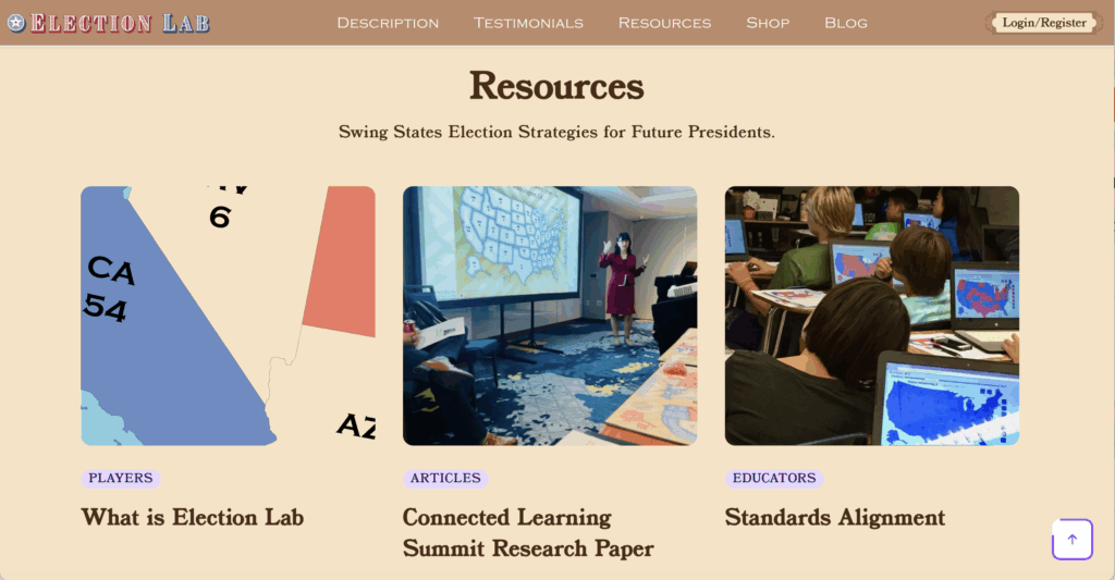 Election Lab website Resources page featuring sections for players, articles, and educators, with images of a U.S. map