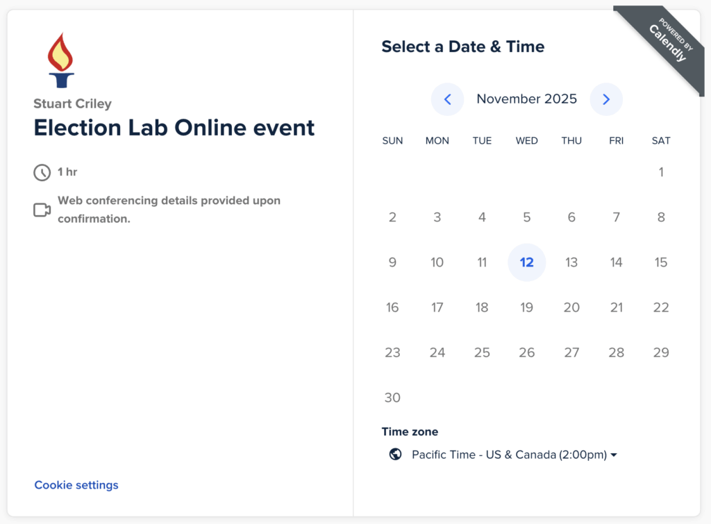 Calendly screenshot showing date of our next online event on November 12, 2025. 